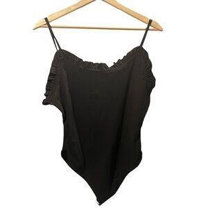 NWT She & Sho Black Ribbed Knit Ruffled Trim Bodysuit L